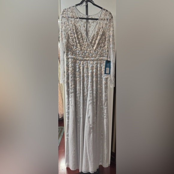 Embellished wrap over illusion long sleeve gown - Picture 4 of 9